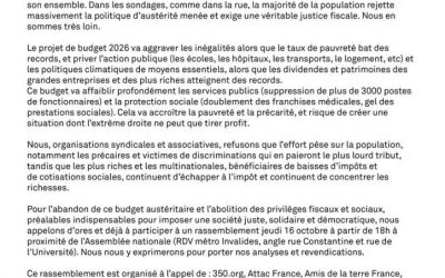 Communiqué – Pour la justice fiscale, sociale et écologique, le projet de budget 2026 doit être abandonné.