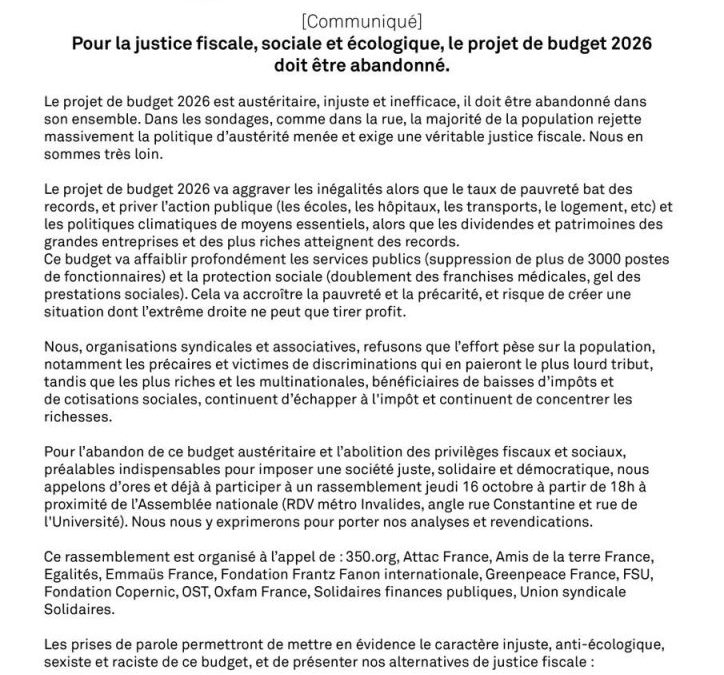 Communiqué – Pour la justice fiscale, sociale et écologique, le projet de budget 2026 doit être abandonné.